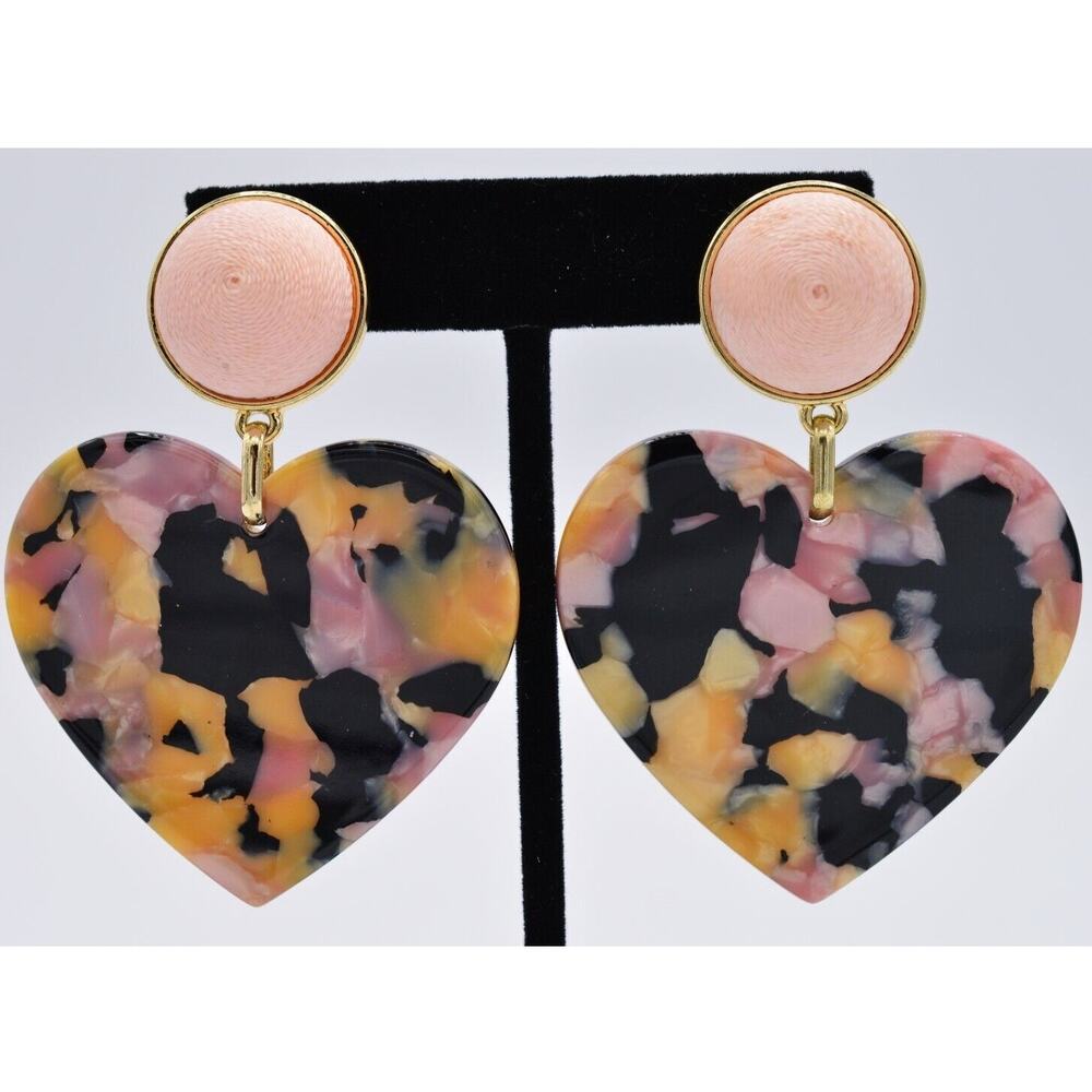 Baublebar Statement Heart Earrings Giant Pink Lucite Valentine Love Signed BinAF